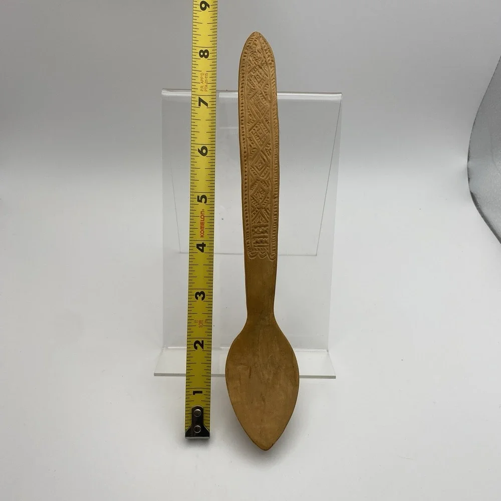 Vintage Primitive Wooden Spoon Hand Carved Detailed Curved Handle For Hanging‎